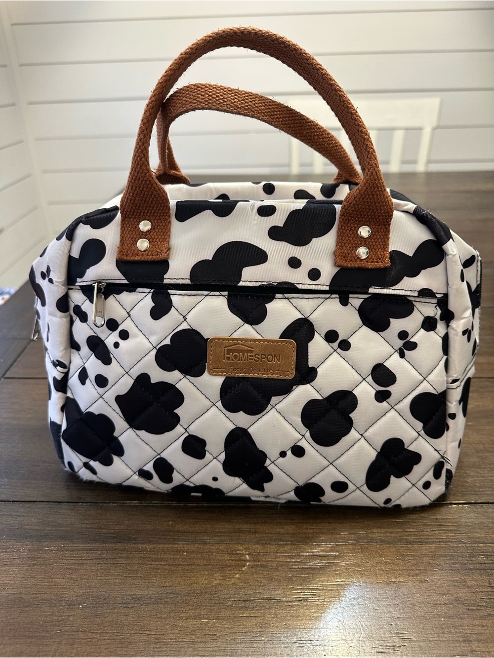 Quilted Black & White Patterned Lunch Tote with Brown Handles